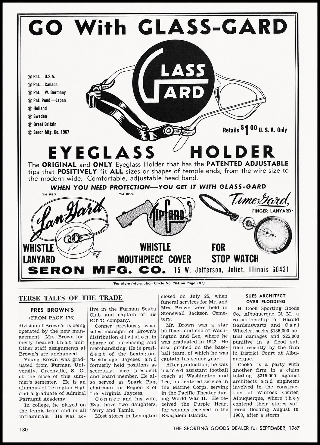 Restored 1967 Sporting Goods Dealer magazine page featuring a Glass-Gard Eyeglass Holder advertisement and other Seron Mfg. Co. products
