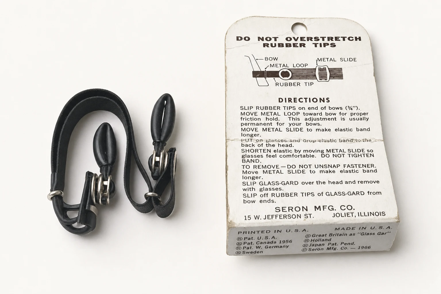 Restored archival photograph of an original Glass-Gard eyeglass holder beside 1966 package directions