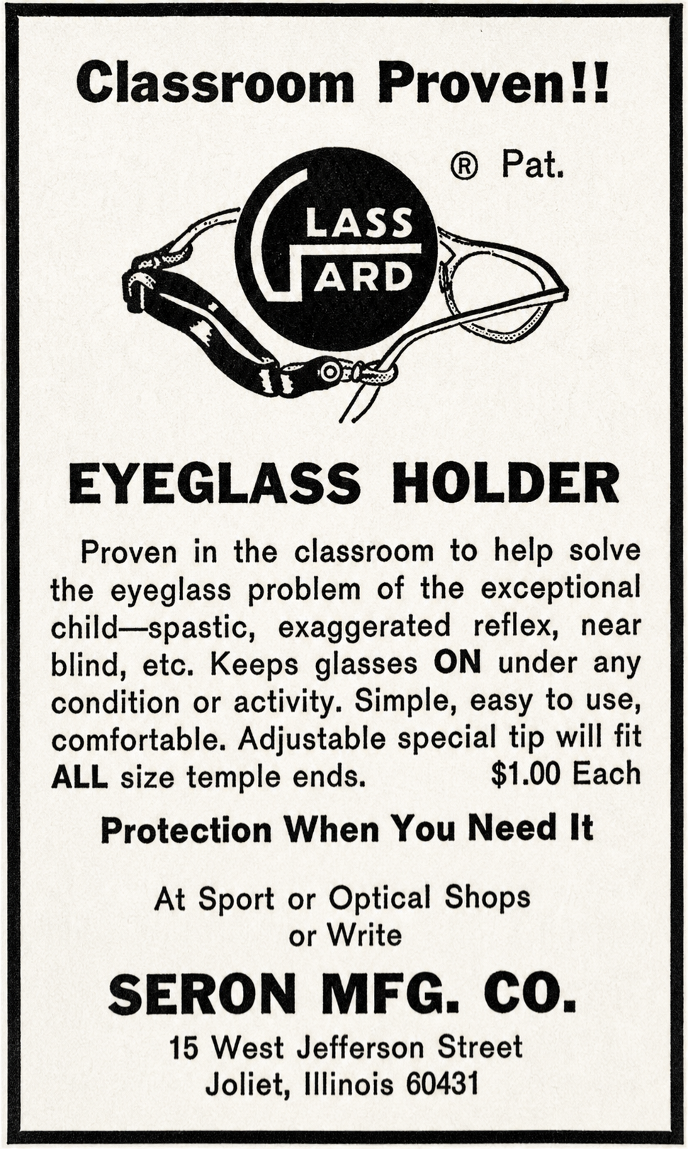 Restored black and white classroom advertisement for the Glass-Gard eyeglass holder