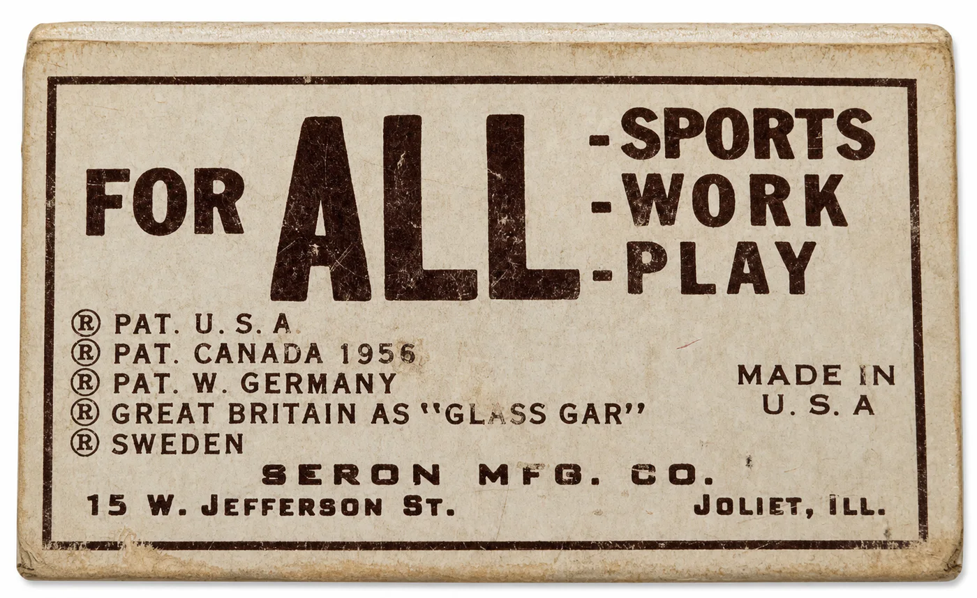 Early Glass-Gard box panel reading For All Sports Work Play and Made in U.S.A.