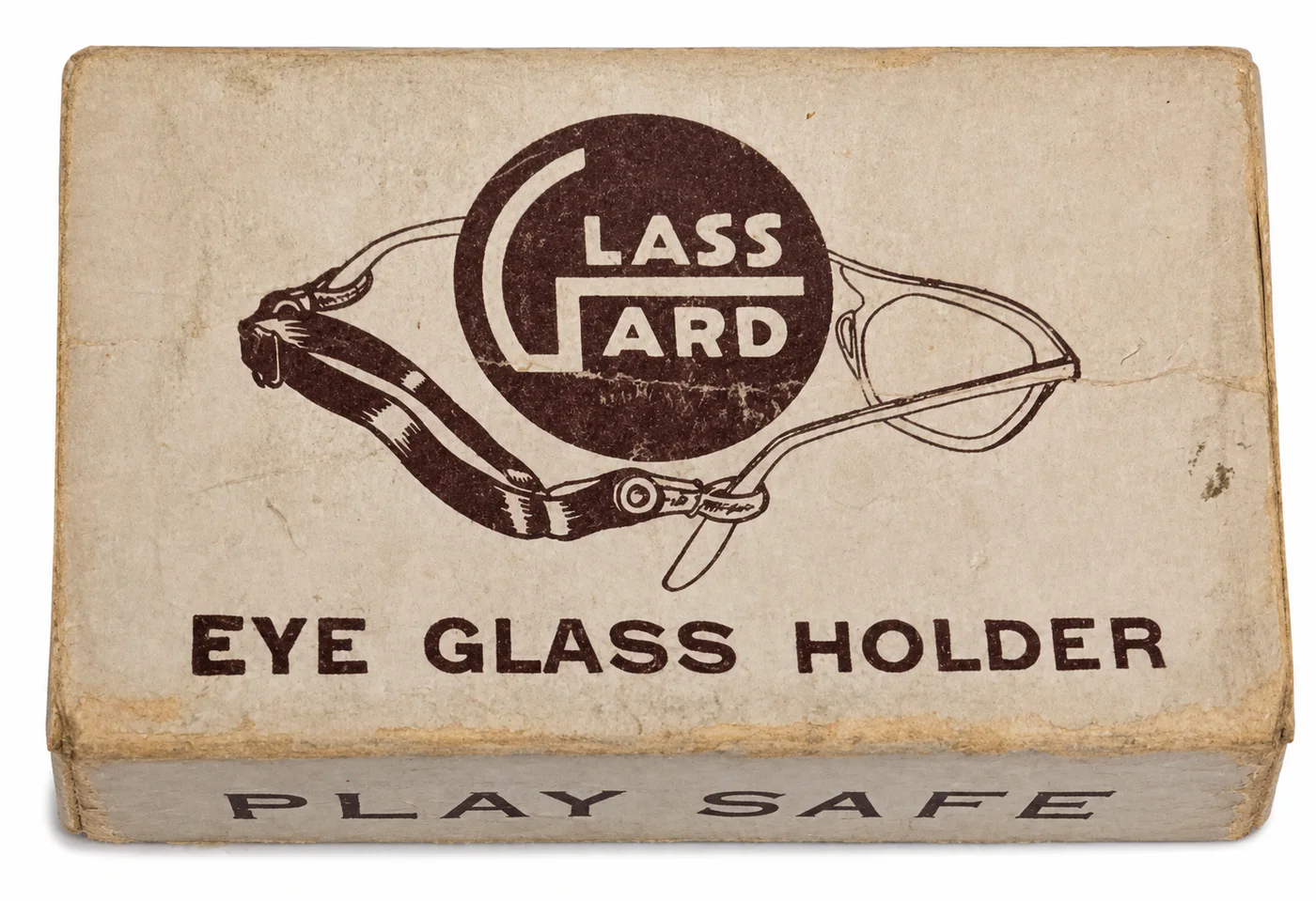 Early Glass-Gard eyeglass holder box with the original logo and Play Safe message