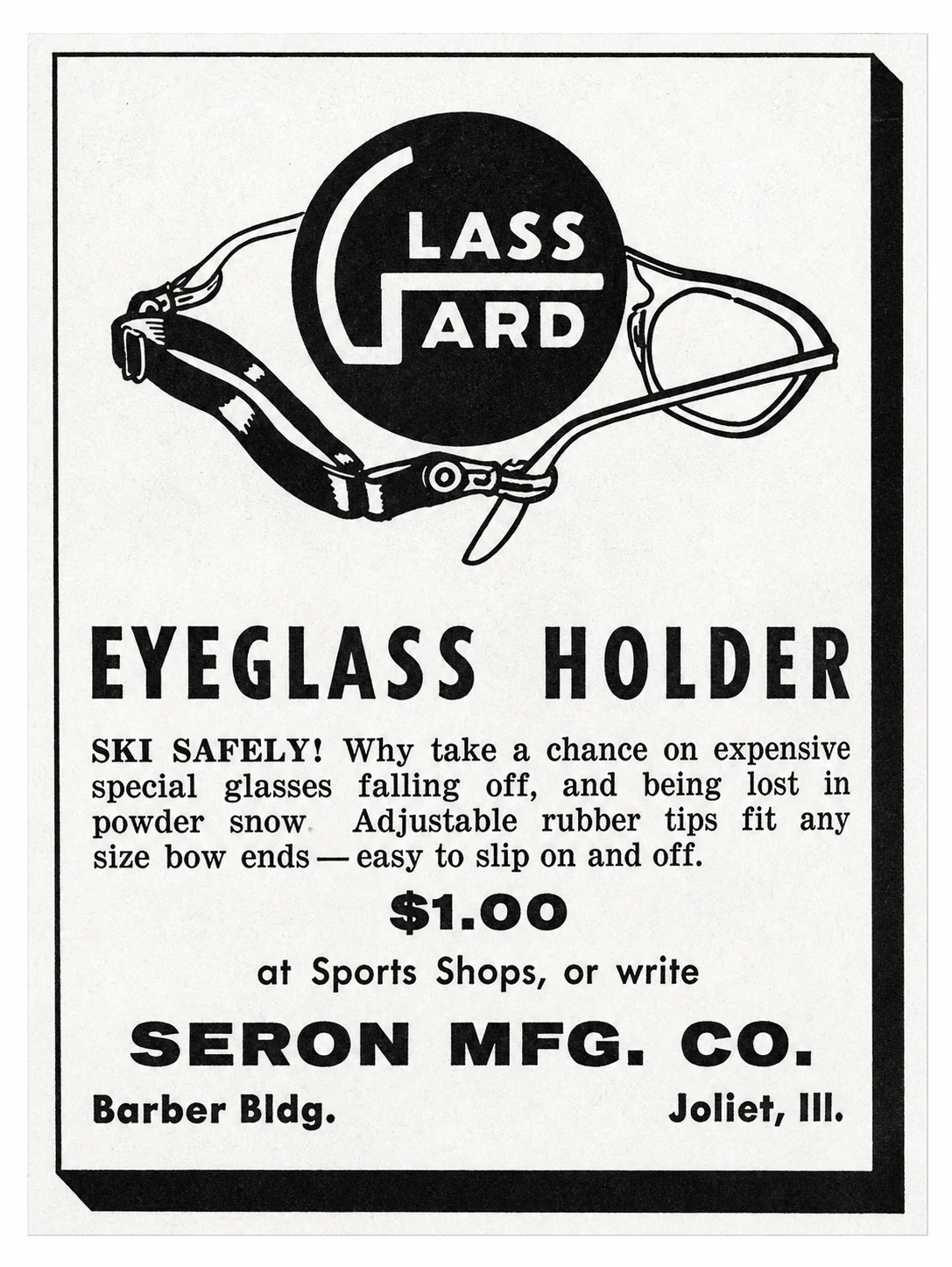 Restored vintage ski safety advertisement for the Glass-Gard eyeglass holder