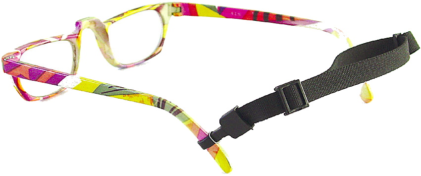 Black Glass-Gard eyeglass holder attached to colorful eyeglasses