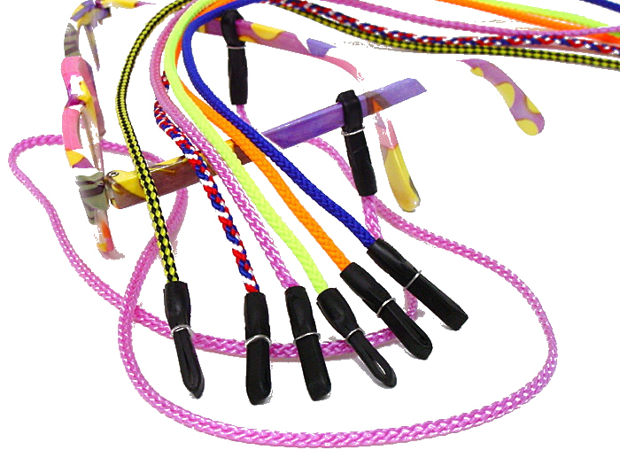 Colorful Glass-Gard nylon eyeglass cords attached to eyeglasses