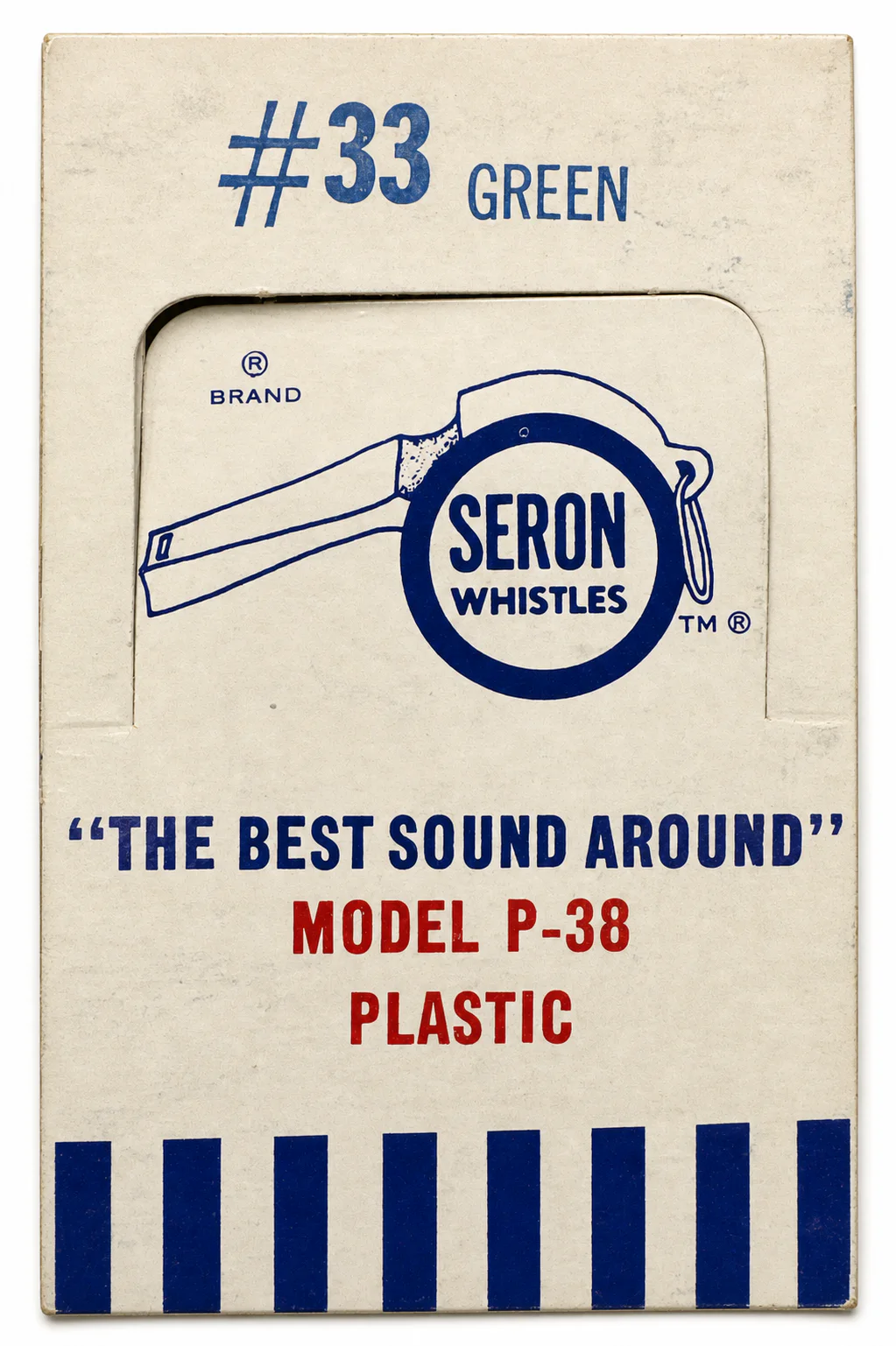 Front of an original Model P-38 Item 33 green whistle retail card