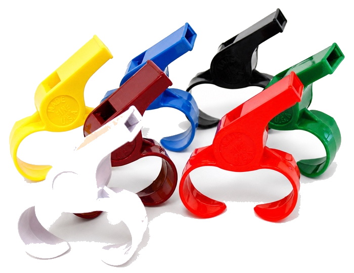 Model P-38 plastic whistle with an adjustable finger grip