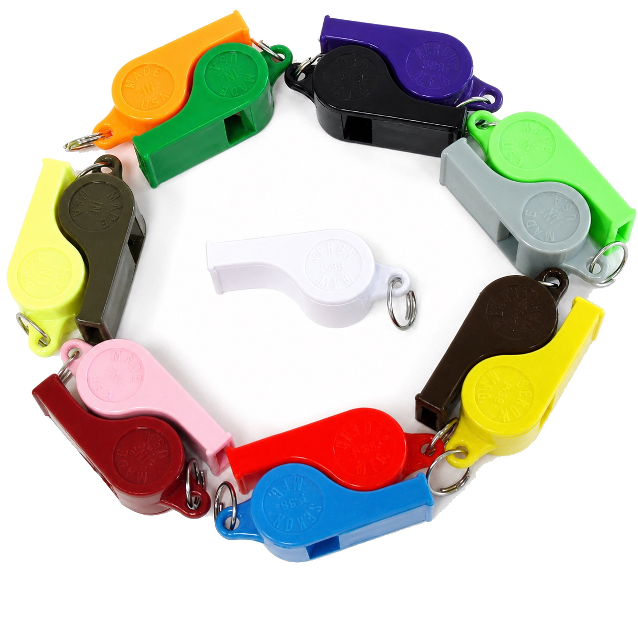 Colorful Model P-38 plastic whistles arranged in a circle