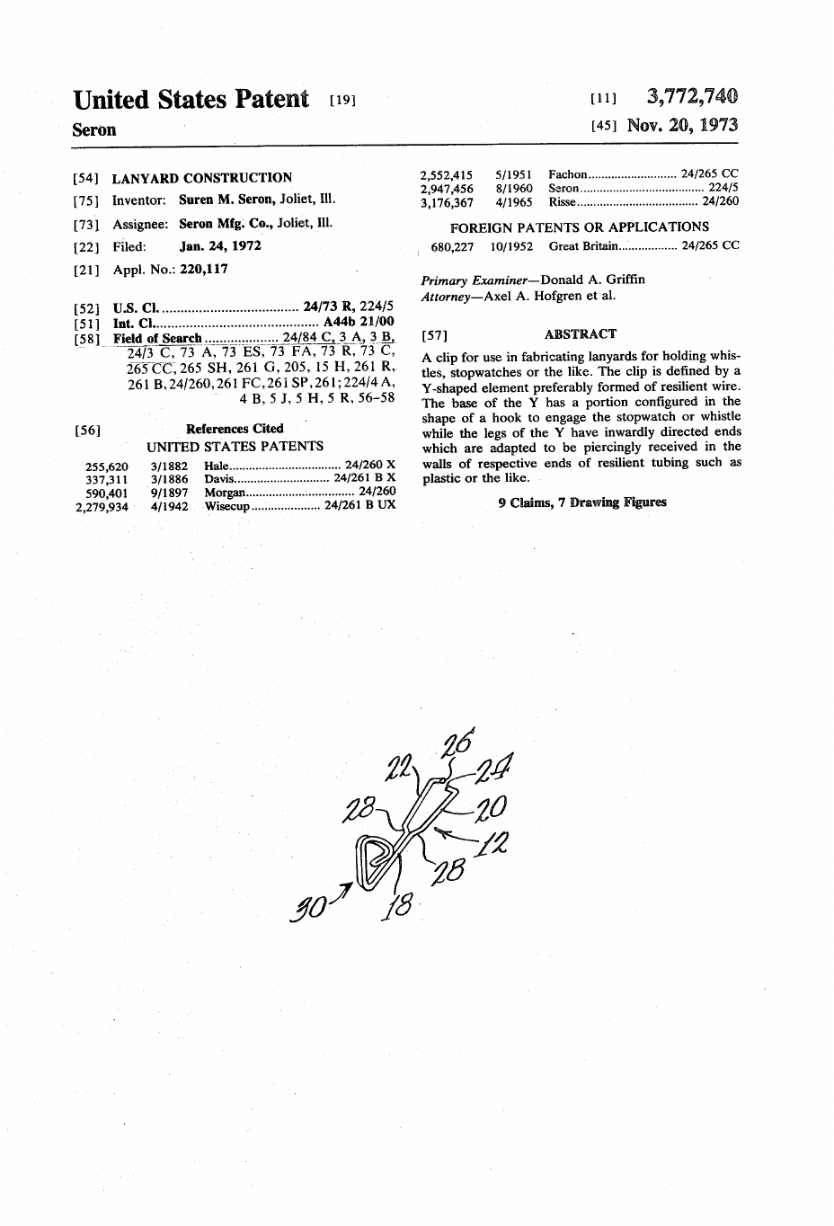 US-3772740-A Lanyard construction patent drawing
