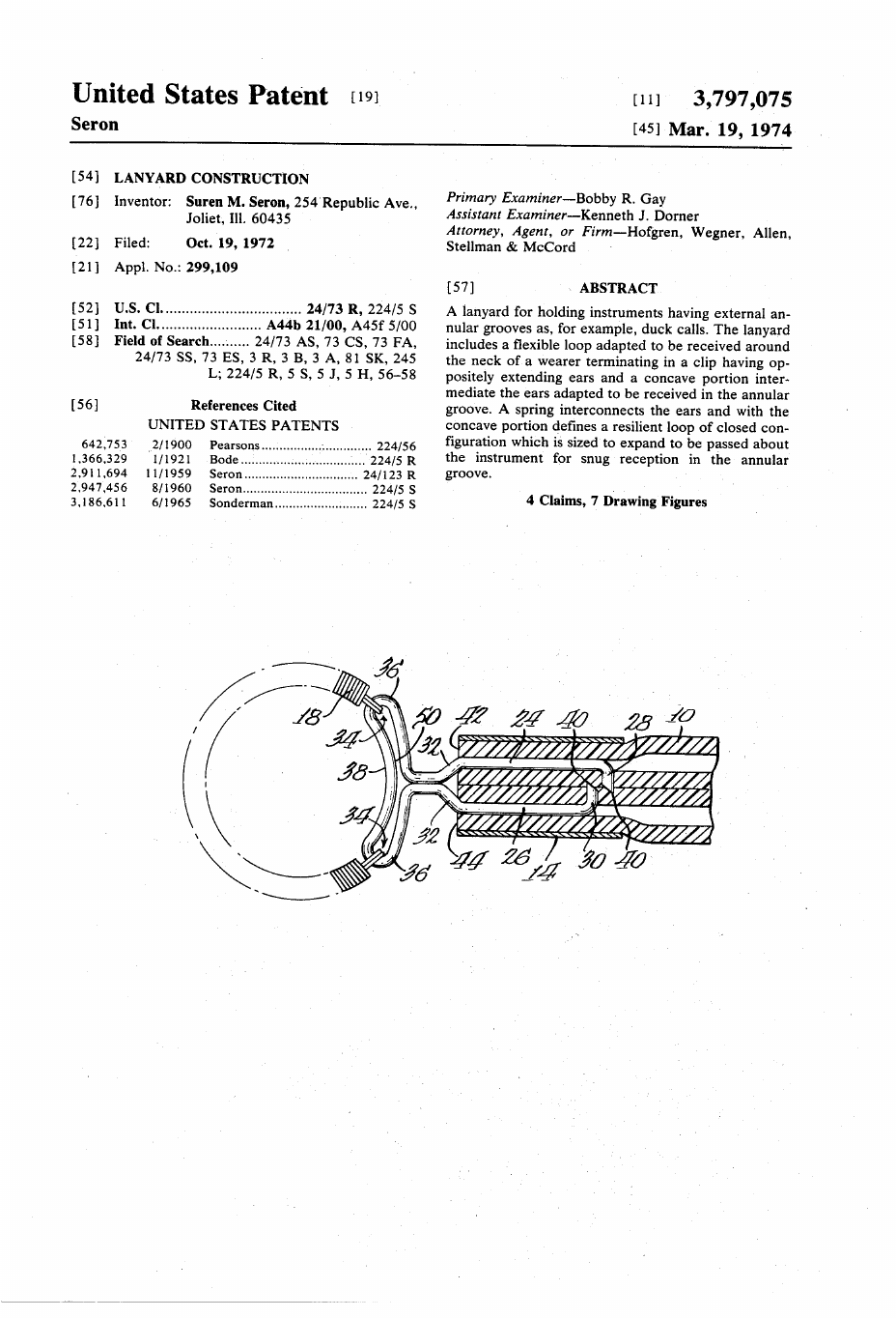 US-3797075-A Lanyard construction patent drawing