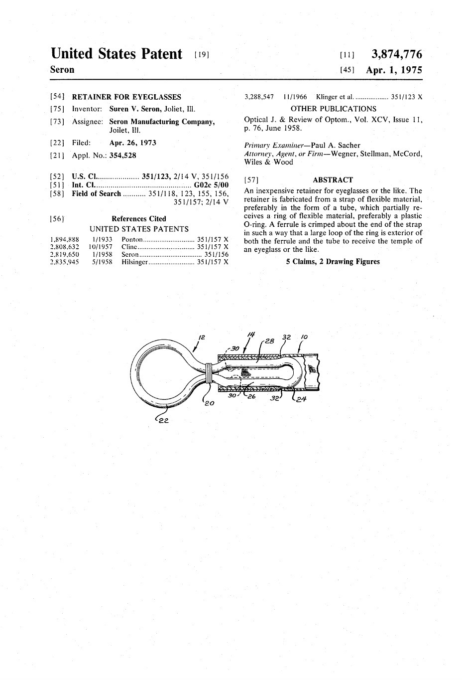 US-3874776-A Retainer for eyeglasses patent drawing
