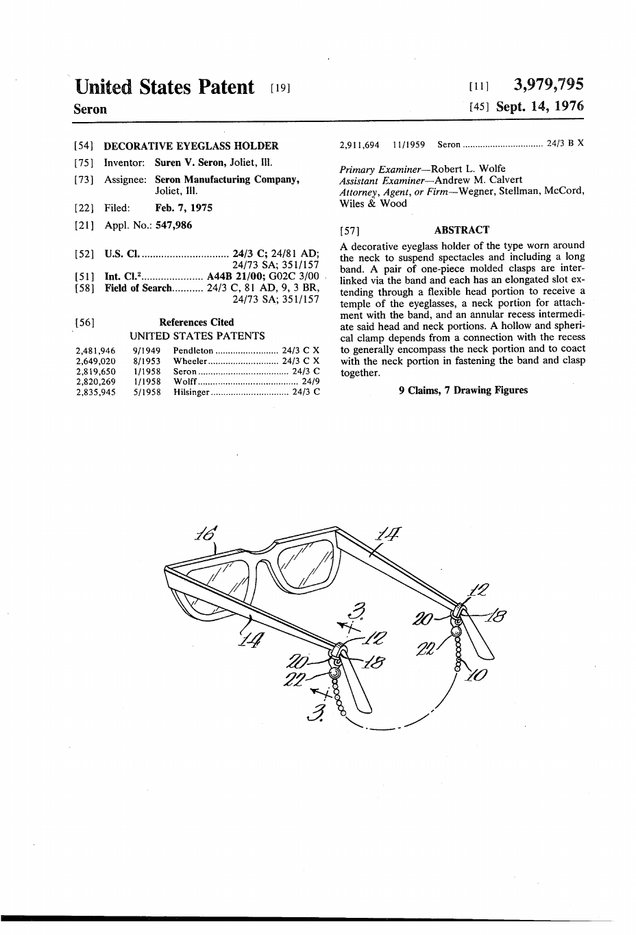 US-3979795-A Decorative eyeglass holder patent drawing