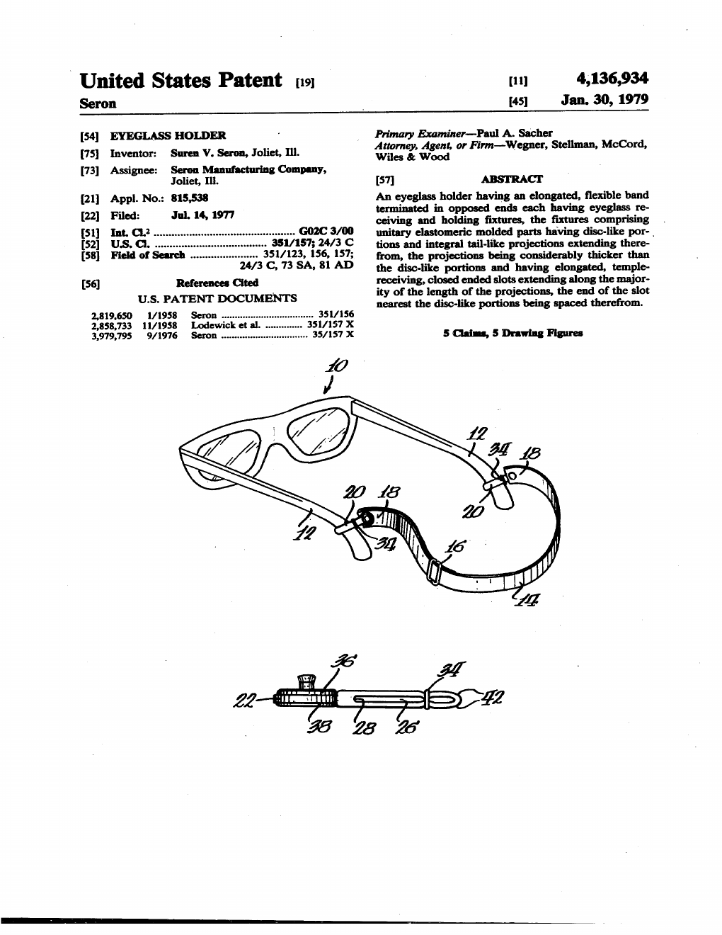 US-4136934-A Eyeglass holder patent drawing