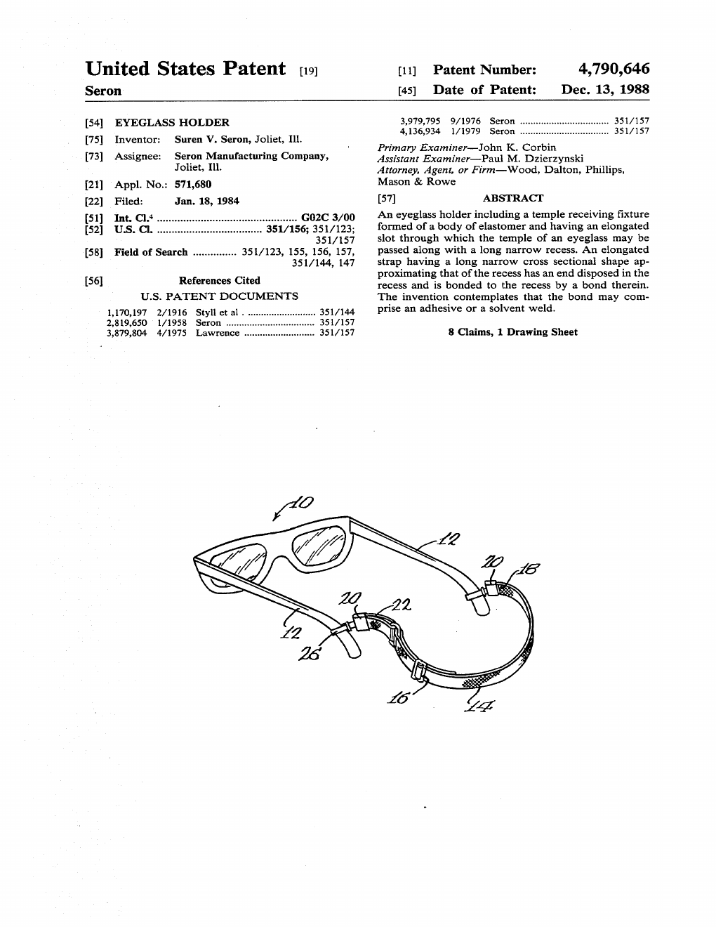US-4790646-A Eyeglass holder patent drawing