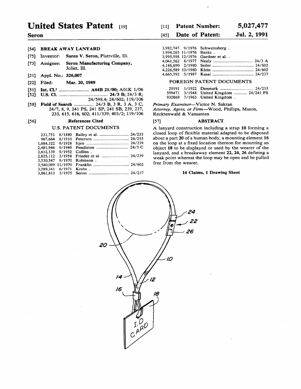 US-5027477-A Break away lanyard patent drawing
