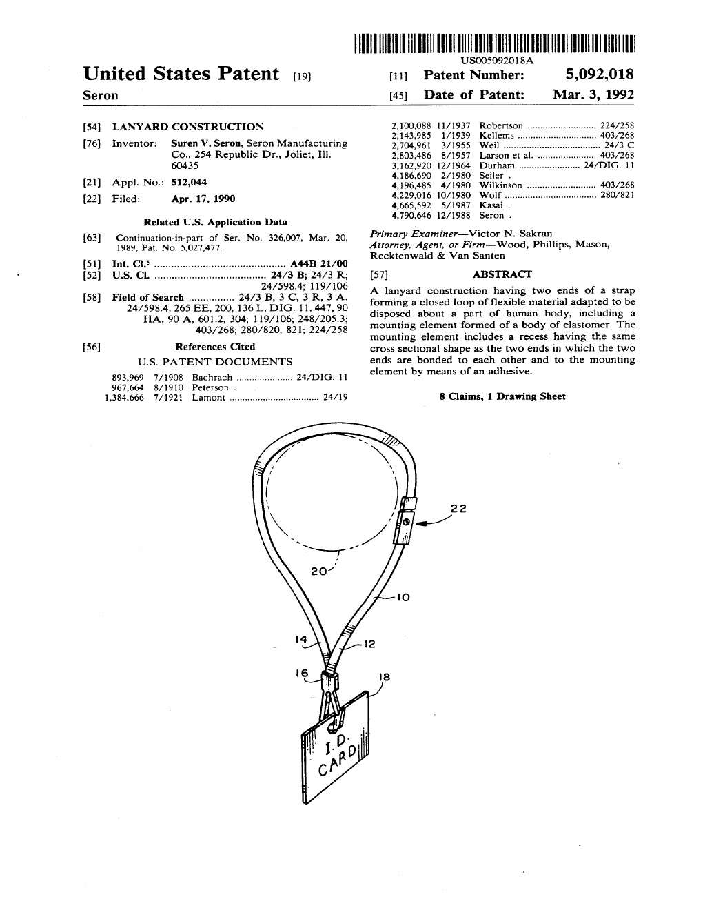 US-5092018-A Lanyard construction patent drawing