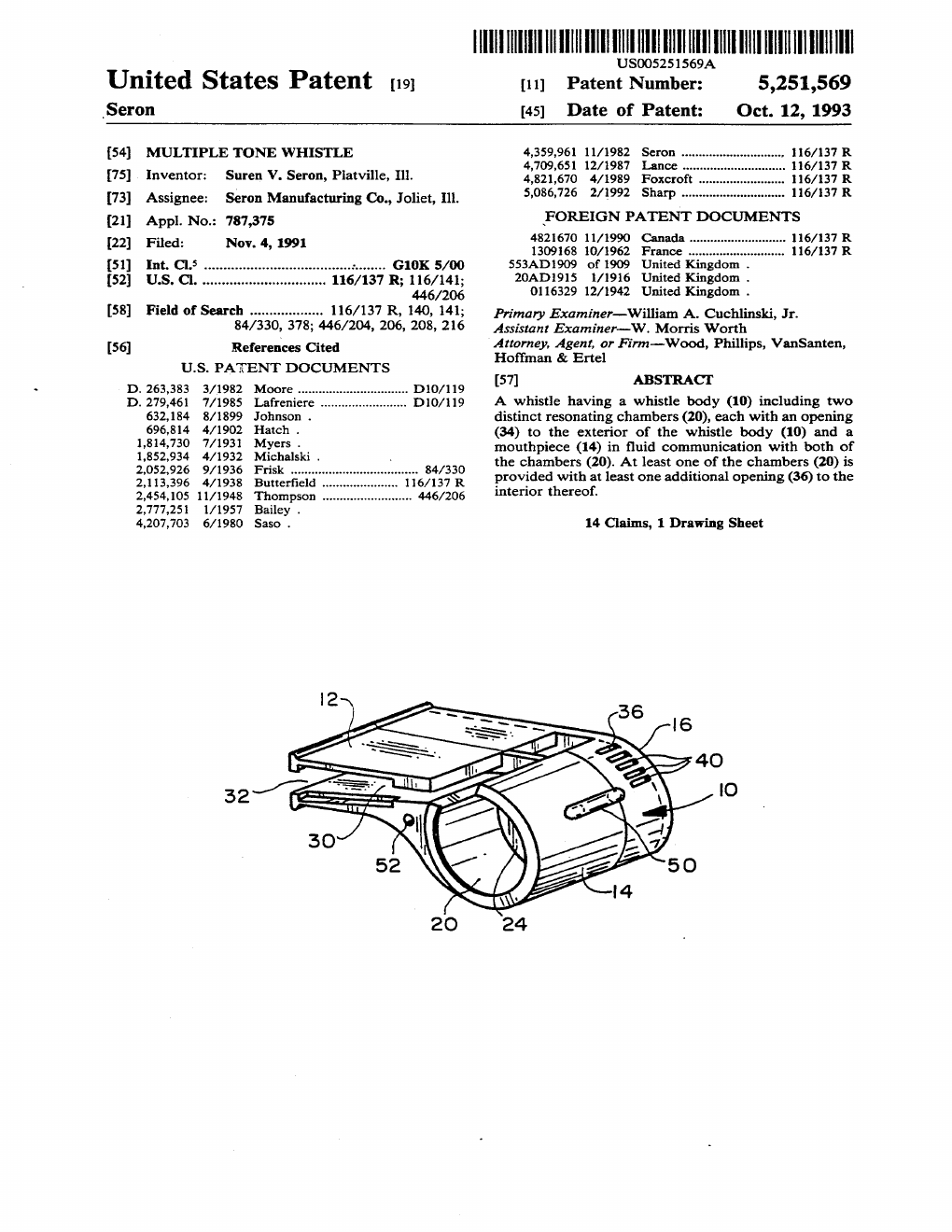 US-5251569-A Multiple tone whistle patent drawing