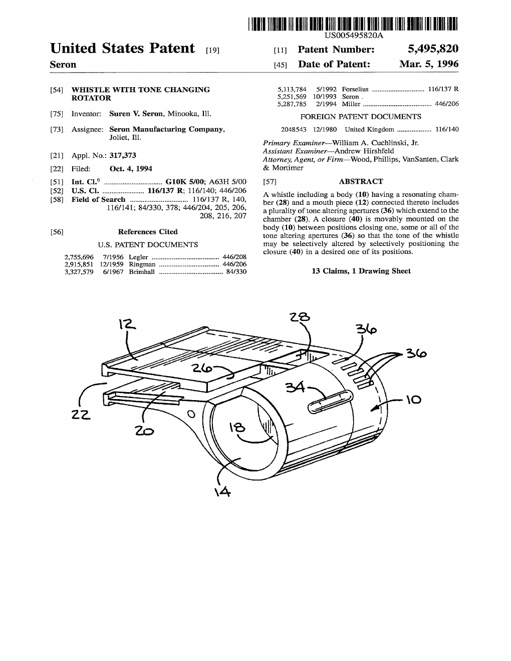 US-5495820-A Whistle with tone changing rotator patent drawing