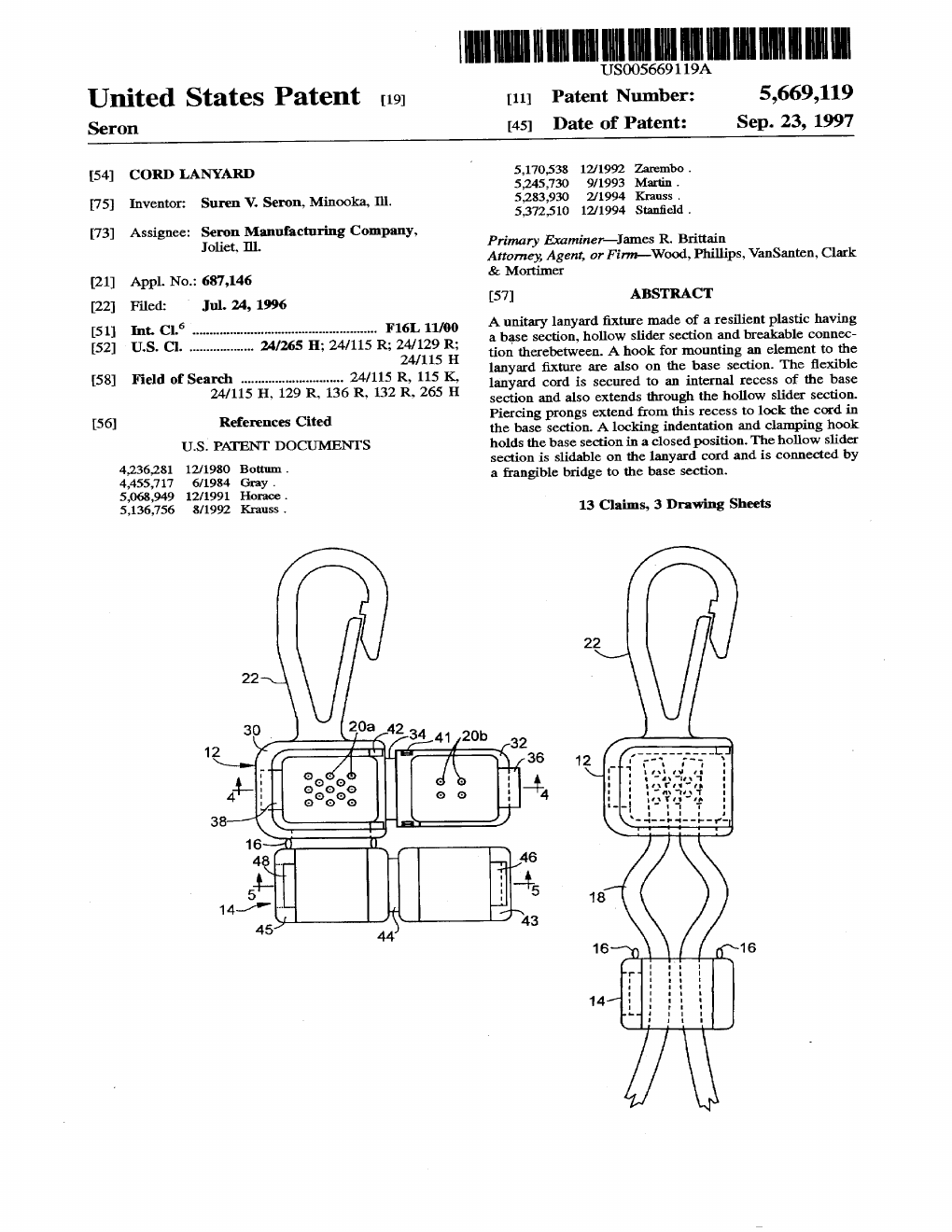 US-5669119-A Cord lanyard patent drawing